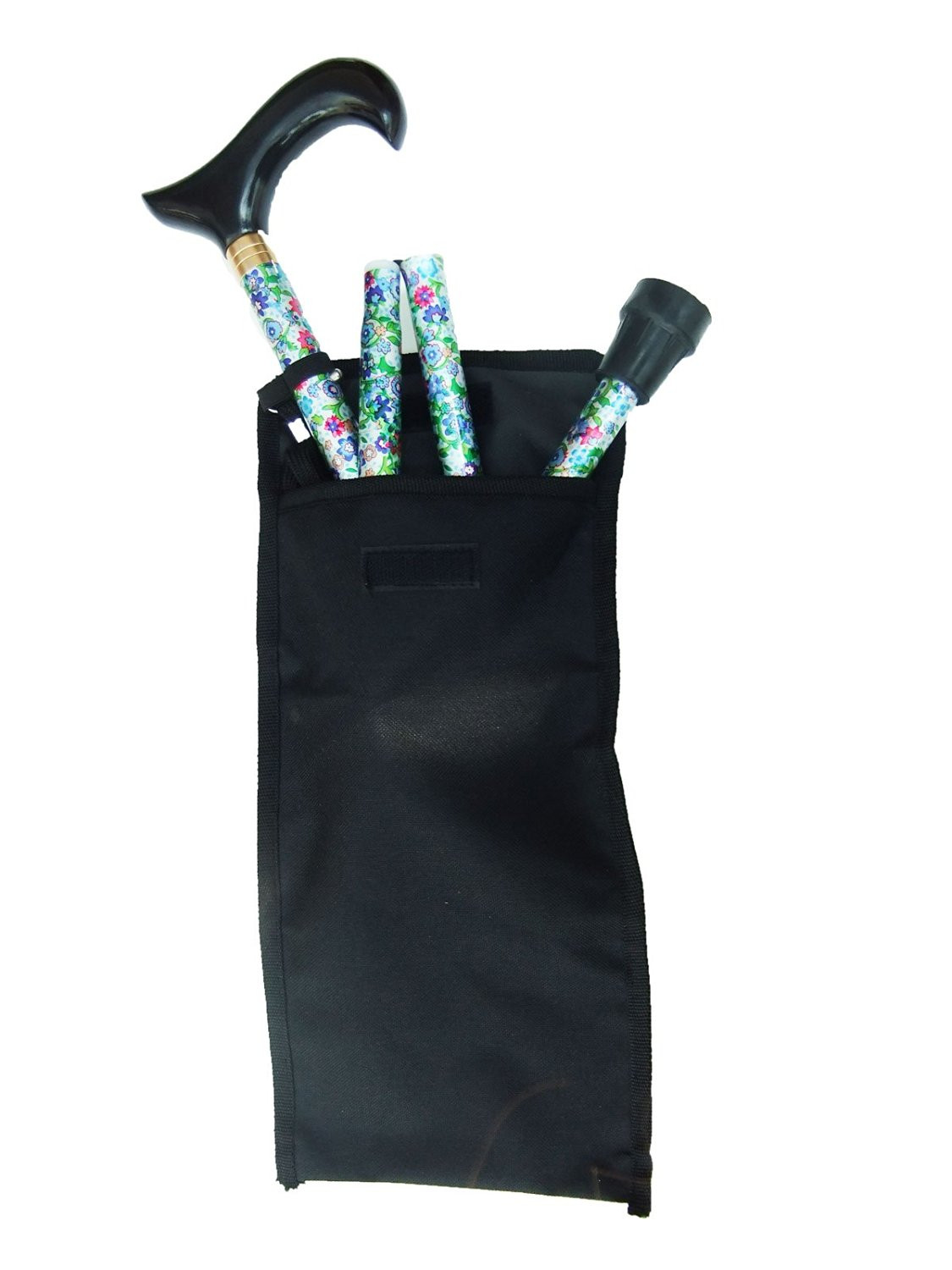 Folding Patterned Walking Stick with Smart Wood handle and Carry Case Green Petite Flowers